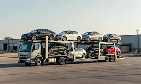 Car transporter loaded with vehicles in Phenix City, Alabama, United States