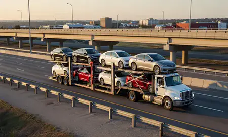 Car transporter with the Phenix City, Alabama, United States skyline behind it