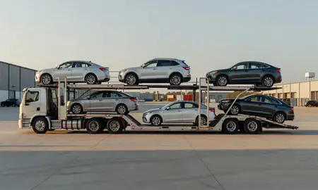 Car transporter parked in an industrial area of Prattville, Alabama, United States