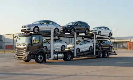 Car transporter loaded with vehicles in Prattville, Alabama, United States