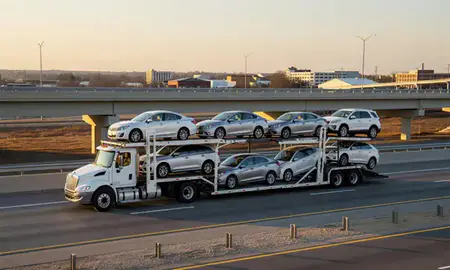 Car transporter with the Prattville, Alabama, United States skyline behind it