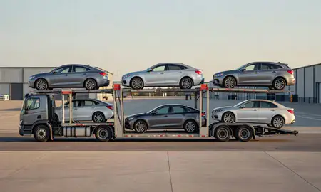 Car transporter parked in an industrial area of Trussville, Alabama, United States