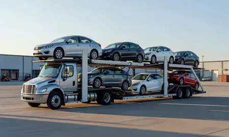 Car transporter loaded with vehicles in Trussville, Alabama, United States
