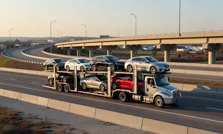 Car transporter with the Trussville, Alabama, United States skyline behind it
