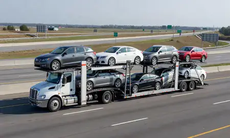 Multi-level car carrier on the highway to Tuscaloosa, Alabama, United States