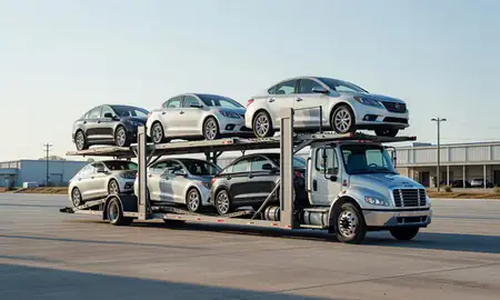 Car transporter loaded with vehicles in Tuscaloosa, Alabama, United States
