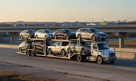 Car transporter with the Tuscaloosa, Alabama, United States skyline behind it