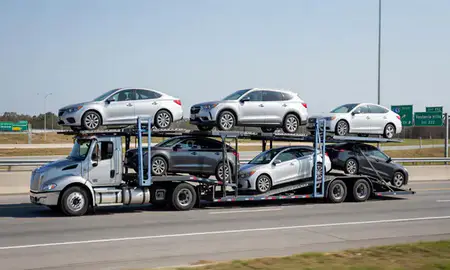 Multi-level car carrier on the highway to Vestavia Hills, Alabama, United States