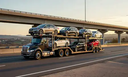 Car transporter with the Vestavia Hills, Alabama, United States skyline behind it