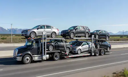 Multi-level car carrier on the highway to Alaska, United States