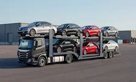 Car transporter loaded with vehicles in Alaska, United States