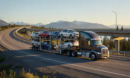 Car transporter with the Alaska, United States skyline behind it