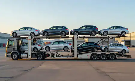 Car transporter parked in an industrial area of Anchorage, Alaska, United States