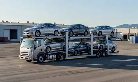 Car transporter loaded with vehicles in Anchorage, Alaska, United States