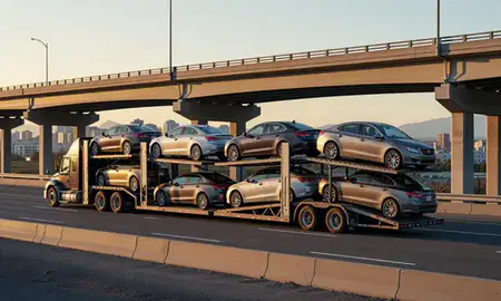 Car transporter with the Anchorage, Alaska, United States skyline behind it