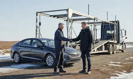Vehicle owner beside their delivered car in Badger, Alaska, United States