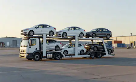 Car transporter loaded with vehicles in Badger, Alaska, United States