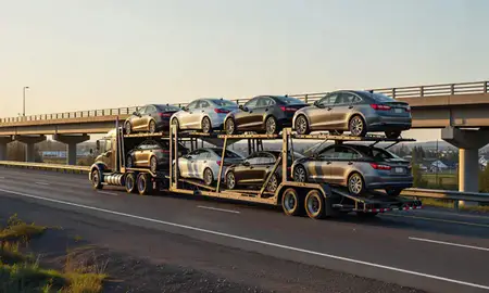 Car transporter with the Badger, Alaska, United States skyline behind it