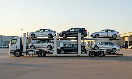 Car transporter parked in an industrial area of Bethel, Alaska, United States