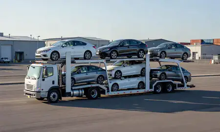 Car transporter loaded with vehicles in Bethel, Alaska, United States
