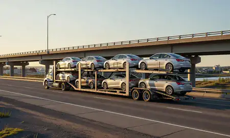 Car transporter with the Bethel, Alaska, United States skyline behind it
