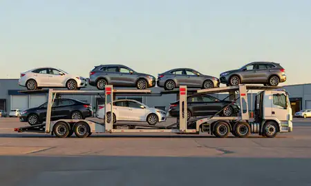 Car transporter parked in an industrial area of Chena Ridge, Alaska, United States