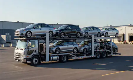Car transporter loaded with vehicles in Chena Ridge, Alaska, United States