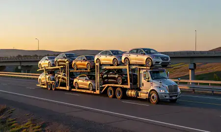 Car transporter with the Chena Ridge, Alaska, United States skyline behind it
