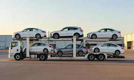 Car transporter parked in an industrial area of College, Alaska, United States