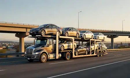 Car transporter with the College, Alaska, United States skyline behind it