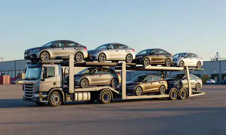 Car transporter loaded with vehicles in Fairbanks, Alaska, United States