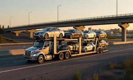 Car transporter with the Fairbanks, Alaska, United States skyline behind it