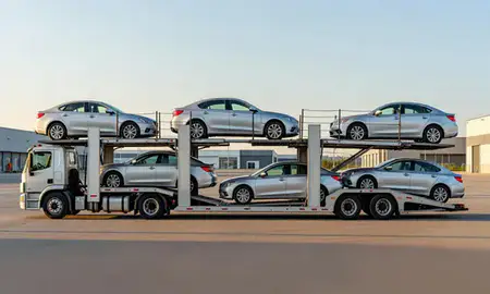 Car transporter parked in an industrial area of Farmers Loop, Alaska, United States