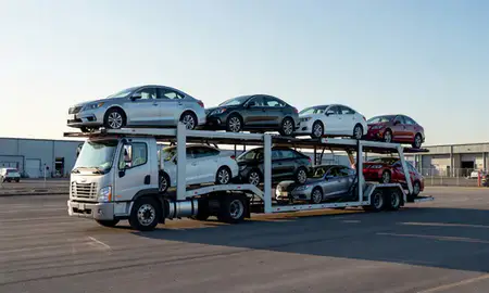 Car transporter loaded with vehicles in Farmers Loop, Alaska, United States