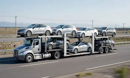Multi-level car carrier on the highway to Fishhook, Alaska, United States