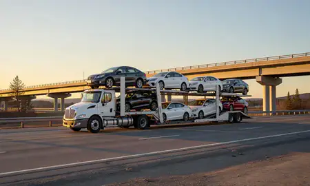 Car transporter with the Fishhook, Alaska, United States skyline behind it