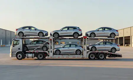 Car transporter parked in an industrial area of Gateway, Alaska, United States