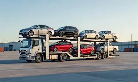 Car transporter loaded with vehicles in Gateway, Alaska, United States