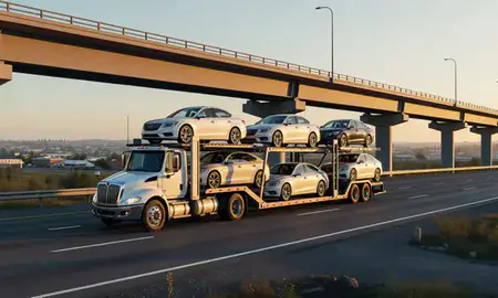 Car transporter with the Gateway, Alaska, United States skyline behind it