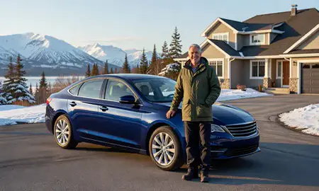 Customer with their delivered car in Homer, Alaska, United States
