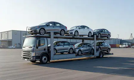 Car transporter loaded with vehicles in Homer, Alaska, United States