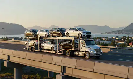 Car transporter with the Homer, Alaska, United States skyline behind it