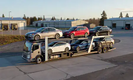 Car transporter loaded with vehicles in Juneau, Alaska, United States