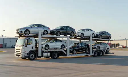 Car transporter loaded with vehicles in Kalifornsky, Alaska, United States