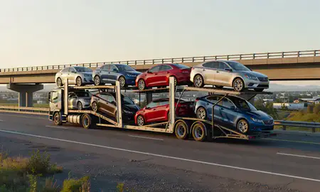 Car transporter with the Kalifornsky, Alaska, United States skyline behind it