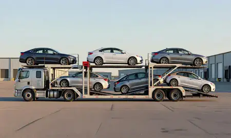 Car transporter parked in an industrial area of Kenai, Alaska, United States