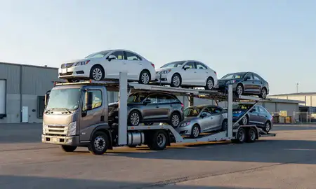 Car transporter loaded with vehicles in Kenai, Alaska, United States