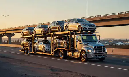 Car transporter with the Kenai, Alaska, United States skyline behind it