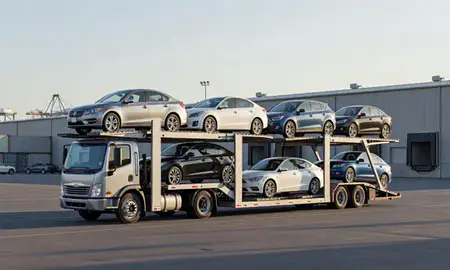 Car transporter loaded with vehicles in Ketchikan, Alaska, United States
