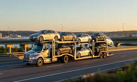 Car transporter with the Ketchikan, Alaska, United States skyline behind it